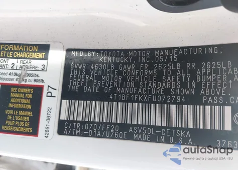 2015 Toyota Camry Se z USA, uszkodzony, nr VIN 4T1BF1FKXFU072794